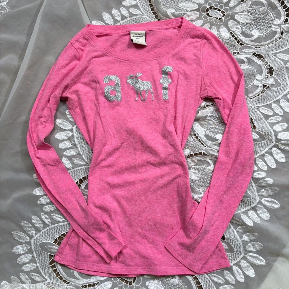 Y2K Preppy Abercrombie Pink Long Sleeve Glitter Moose Logo Tee Shirt Size XXS